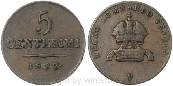 v35501 Lombardei Venetien, Franz II/I., 5 Centesimi 1822 V, C 3.3, Kupfer, ss, kl. Rsn.