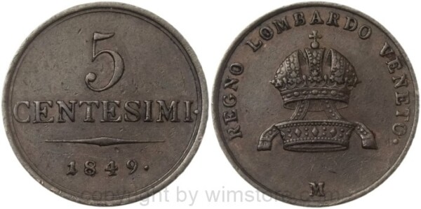Lombardei Venetien, Franz Josef I., 5 Centesimi 1849 M, J 222, Kupfer, ss