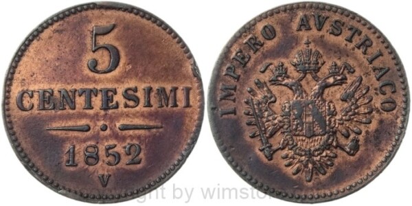 v35508 Lombardei Venetien, Franz Josef I., 5 Centesimi 1852 V, J 303, Kupfer, ss, gereinigt, Randschäden