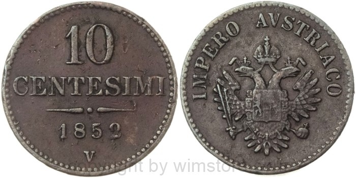 Lombardei Venetien, Franz Josef I., 10 Centesimi 1852 V, J 304, Kupfer, ss, Randschäden