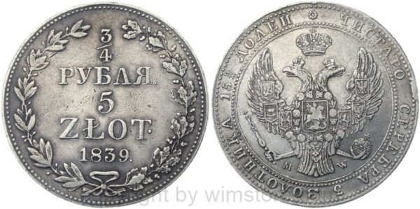 Polen 1816 - 1923, 5 Zloty zu 3/4 Rubel 1839 MW, C 133, Silber, ss