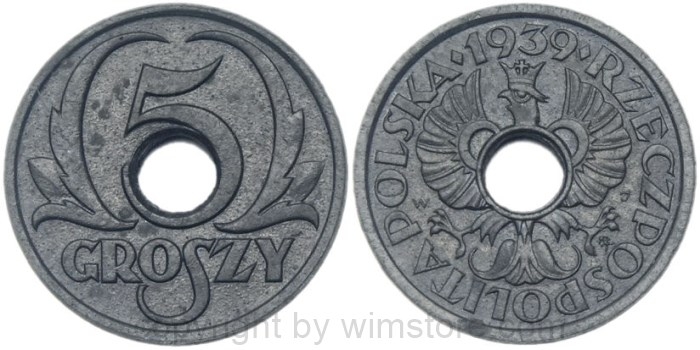 Polen, 5 Groszy 1939, Y 35, Zink, ss