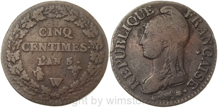 Frankreich, 5 Centimes L´AN5 W, (1796 - 1797), Lille, KM 640.11, Bronze, s