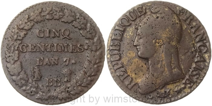 Frankreich, 5 Centimes L´AN7 BB, (1798 - 1799), Straßburg, KM 640.4, Bronze, s