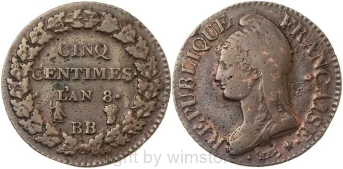 Frankreich, 5 Centimes L´AN8 BB, (1799 - 1800), Straßburg, KM 640.4, Bronze, s