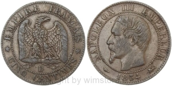 Frankreich, 5 Centimes 1854 D, Lyon, KM 777.4, Bronze, s-ss