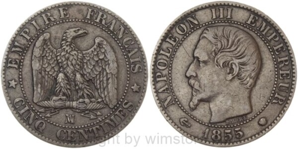 Frankreich, 5 Centimes 1855 MA (a), Anker - Muschel, Marseille, KM 777.6, Bronze, s-ss