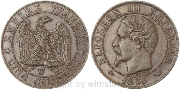 Frankreich, 5 Centimes 1855 W (a), Anker - Leuchter, Lille, KM 777.7, Bronze, ss