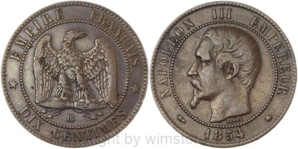 Frankreich, 10 Centimes 1854 BB, Straßburg, KM 771.3, Bronze, s