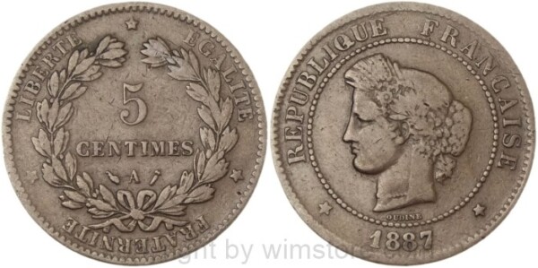 Frankreich, 5 Centimes 1887 A, Paris, KM 821.1, Bronze, ge
