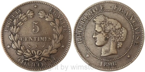 Frankreich, 5 Centimes 1896 A, Paris, KM 821.1, Bronze, s