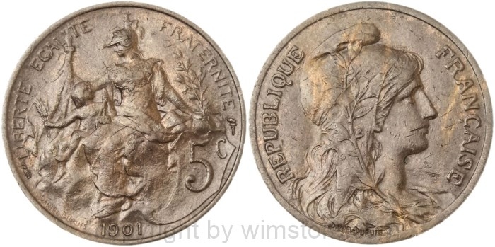 Frankreich, 5 Centimes 1901, KM 842, Bronze, -ss