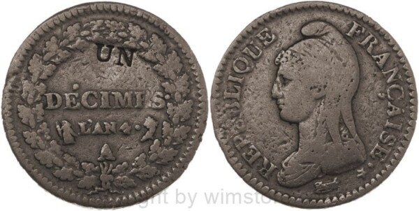 Frankreich, Un Decime L´AN 4 A, Paris, (1795 - 1796) KM 637.1, Bronze, s