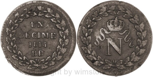 Frankreich, Un Decime 1814 BB, Straßburg, ohne Punkt, KM 700, Bronze, s-ss, Schrötlingsfehler,
