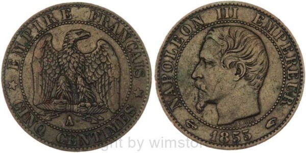 Frankreich, 5 Centimes 1855 A (a), Paris, Anker - Hand, Paris, KM 777.1, Bronze, -ss