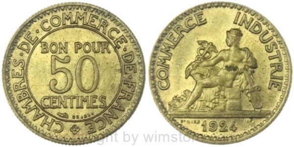 Frankreich, 50 Centimes 1924, KM 884, Alu/Bro, -st