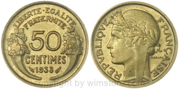 Frankreich, 50 Centimes 1938, KM 894.1, Alu/Bro, -st