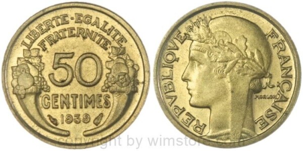 Frankreich, 50 Centimes 1939, KM 894.1, Alu/Bro, -st