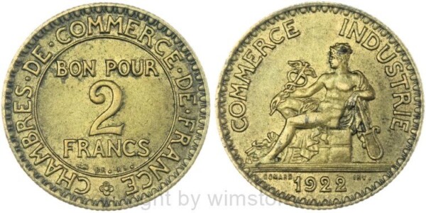 v35914 Frankreich, 2 Francs 1922, KM 877, Alu/Bro, vz