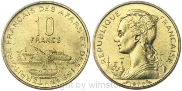 Französische Kolonie Afras & Issas, 10 Francs 1970, KM 17, Alu/Bro, vz-st