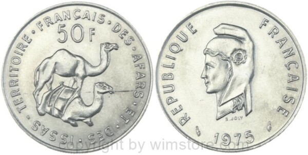 Französische Kolonie Afras & Issas, 50 Francs 1975, KM 18, Ku/Ni, -st