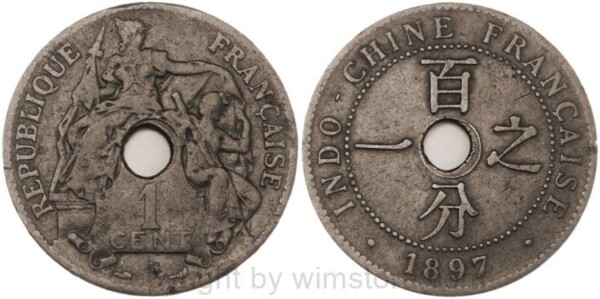 Französisch Indochina, 1 Cent 1897, KM 8, Bronze, -ss, kl. Rsn.