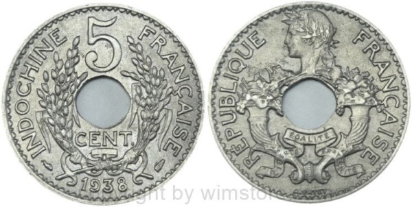 Französisch Indochina, 5 Cents 1938, KM 18.1a, Ku/Ni, vz