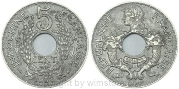 Französisch Indochina, 5 Cents 1938, KM 18.1a, Ku/Ni, ss
