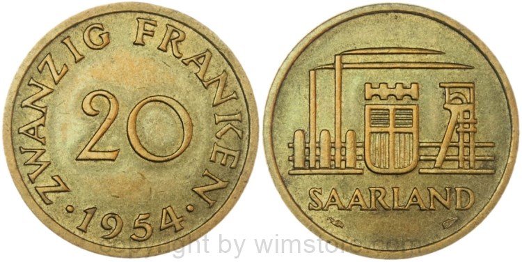 Saarland, 20 Franken 1954, KM 2, Ku/Ni, vz