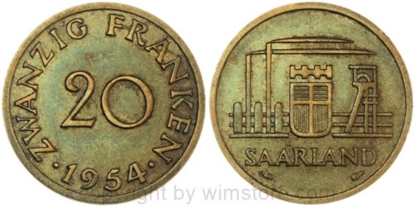 Saarland, 20 Franken 1954, KM 2, Ku/Ni, ss-vz