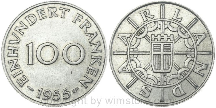 Saarland, 100 Franken 1955, KM 4, Ku/Ni, vz