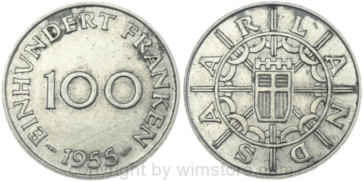 Saarland, 100 Franken 1955, KM 4, Ku/Ni, ss