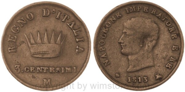 Italien, Königreich unter Napoleon, 3 Centesimo 1813 M, Mailand, C 2.2, Kupfer, s