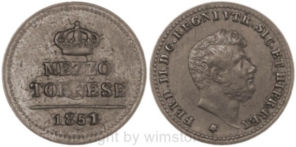 Italien, Neapel und Sizilien - Königreich beider Sizilien, Mezzo Tornese 1851, (Napoli - Regno delle due Sicilie), KM 362, Kupfer, ss