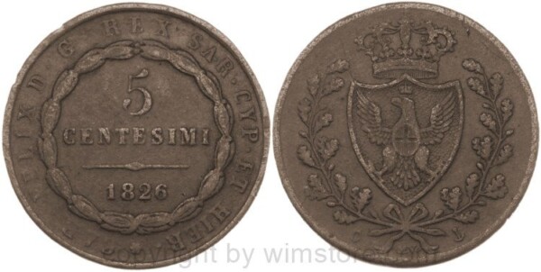 Italien, Sardinien, 5 Centesimi 1826 M.V, P - Anker, Genua, KM 127.2, Kupfer, s-ss, Rs.