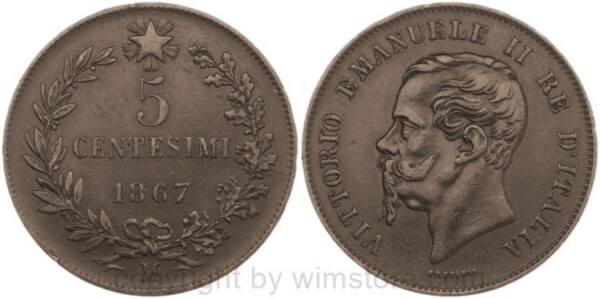 Italien, 5 Centesimi 1867 M, KM 3.2, Kupfer, ss, winz. Rs.