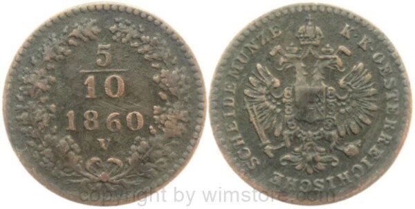 Franz Josef I., 5/10 Kreuzer 1860 V, J 321, Kupfer, -ss