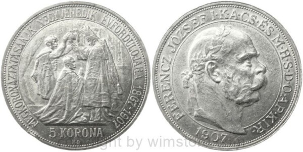 Franz Josef I., 5 Korona 1907 KB, zum 40 Jährigen Krönungsjubiläum, KM 489, Silber, -vz, Randschaden