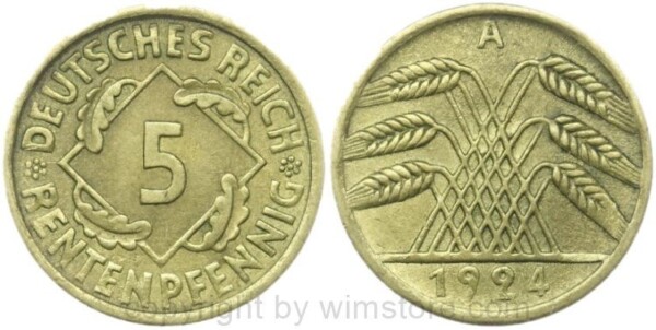 Weimarer Republik, 5 Reichspfennig 1924 A, KM 39, Ku/Alu, vz-st