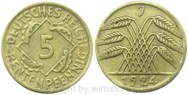 Weimarer Republik, 5 Reichspfennig 1924 J, KM 39, Ku/Alu, vz