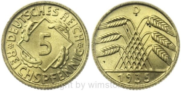 Weimarer Republik, 5 Reichspfennig 1935 D, KM 39, Ku/Alu, -st