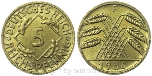Weimarer Republik, 5 Reichspfennig 1935 F, KM 39, Ku/Alu, -st
