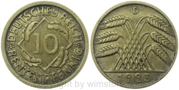 Weimarer Republik, 10 Rentenpfennig 1923 D, KM 33, Ku/Alu, ss