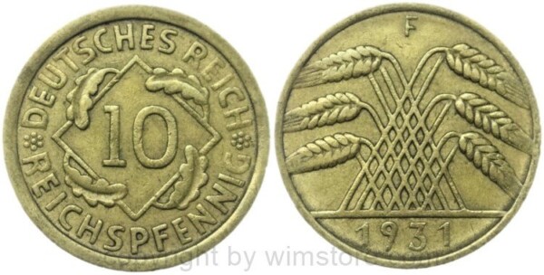 Weimarer Republik, 10 Reichspfennig 1931 F, KM 40, Ku/Alu, ss