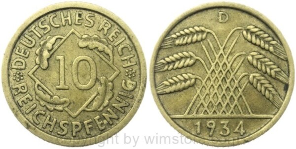 Weimarer Republik, 10 Reichspfennig 1934 D, KM 40, Ku/Alu, ss