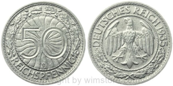 Weimarer Republik, 50 Reichspfennig 1935 D, KM 49, Nickel, ss