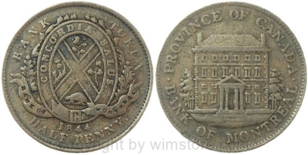 Kanada, Upper Canada, Province of Canada - Bank of Montreal, Half Penny Token 1844, große Bäume neben dem Gebäude, Kupfer, s-ss