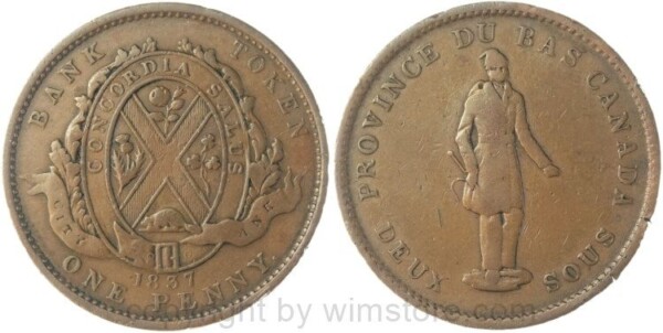 Kanada, Province du Bas Canada, One Penny Token (Deux Su) 1837, City Bank, Kupfer, s