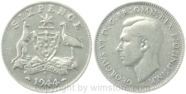 Australien, 6 Pence 1944 S, KM 38, Silber, ss