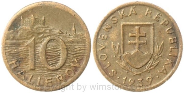 Slowakei, 10 Halierov 1939, KM 1, Bronze, ss